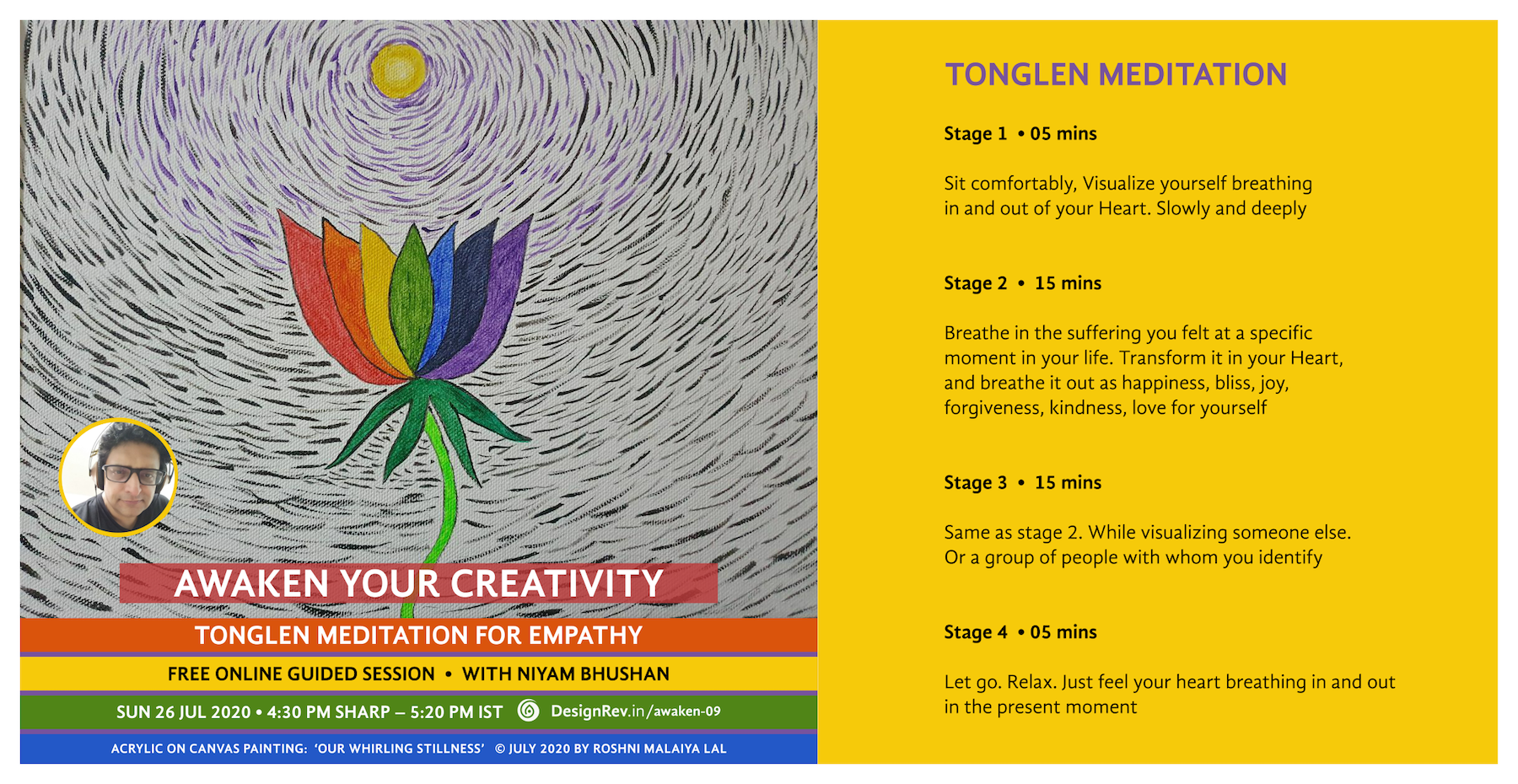Awaken Your Creativity: Tonglen Meditation For Empathy. Stages of the Meditation. Conducted by Niyam Bhushan. 26 July 2020. DesignRev.in/awaken-09
